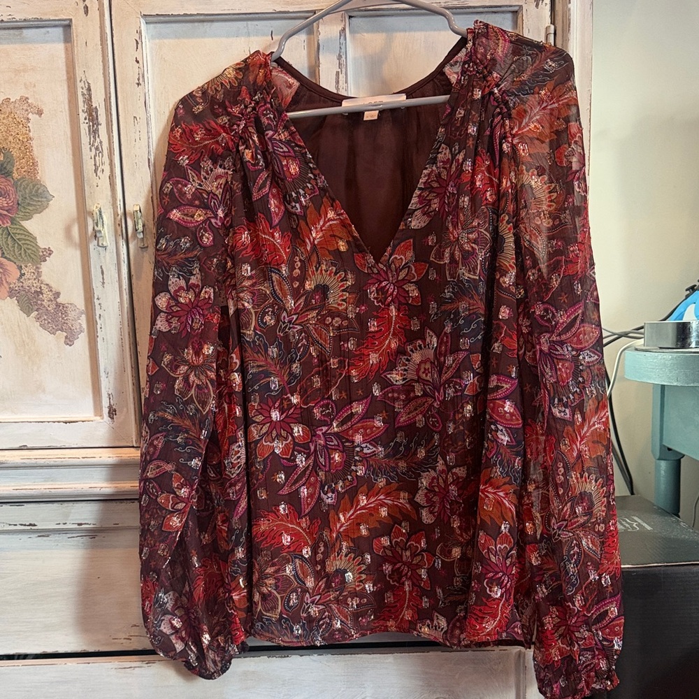 LOFT Burgundy Floral Blouse